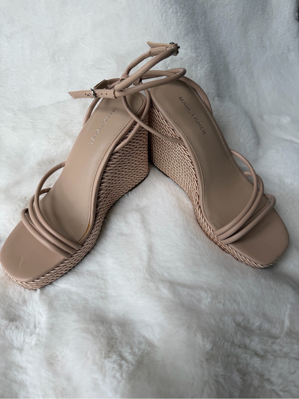 Marc Fisher Zeki  Tan Wedge Sandals with Ankle Tie Size 8.5